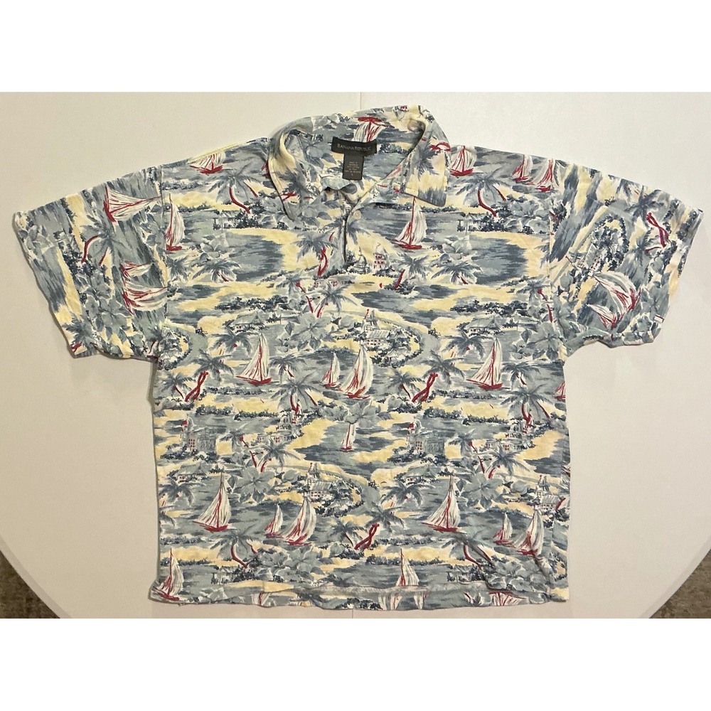 VTG 90s Banana‎ Republic AOP lue Nautical Sailboat Cotton Pique Polo Mens L